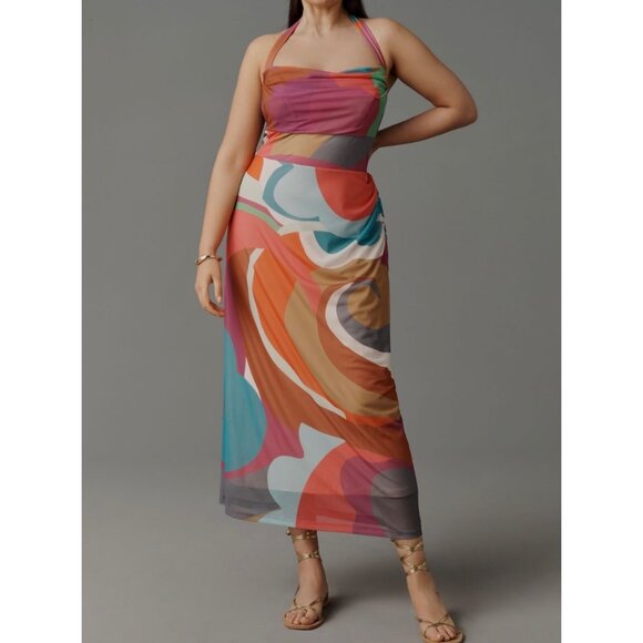 Anthropologie Square-Neck Halter Midi Dress Size M Petite Pink Pattern - Picture 6 of 9